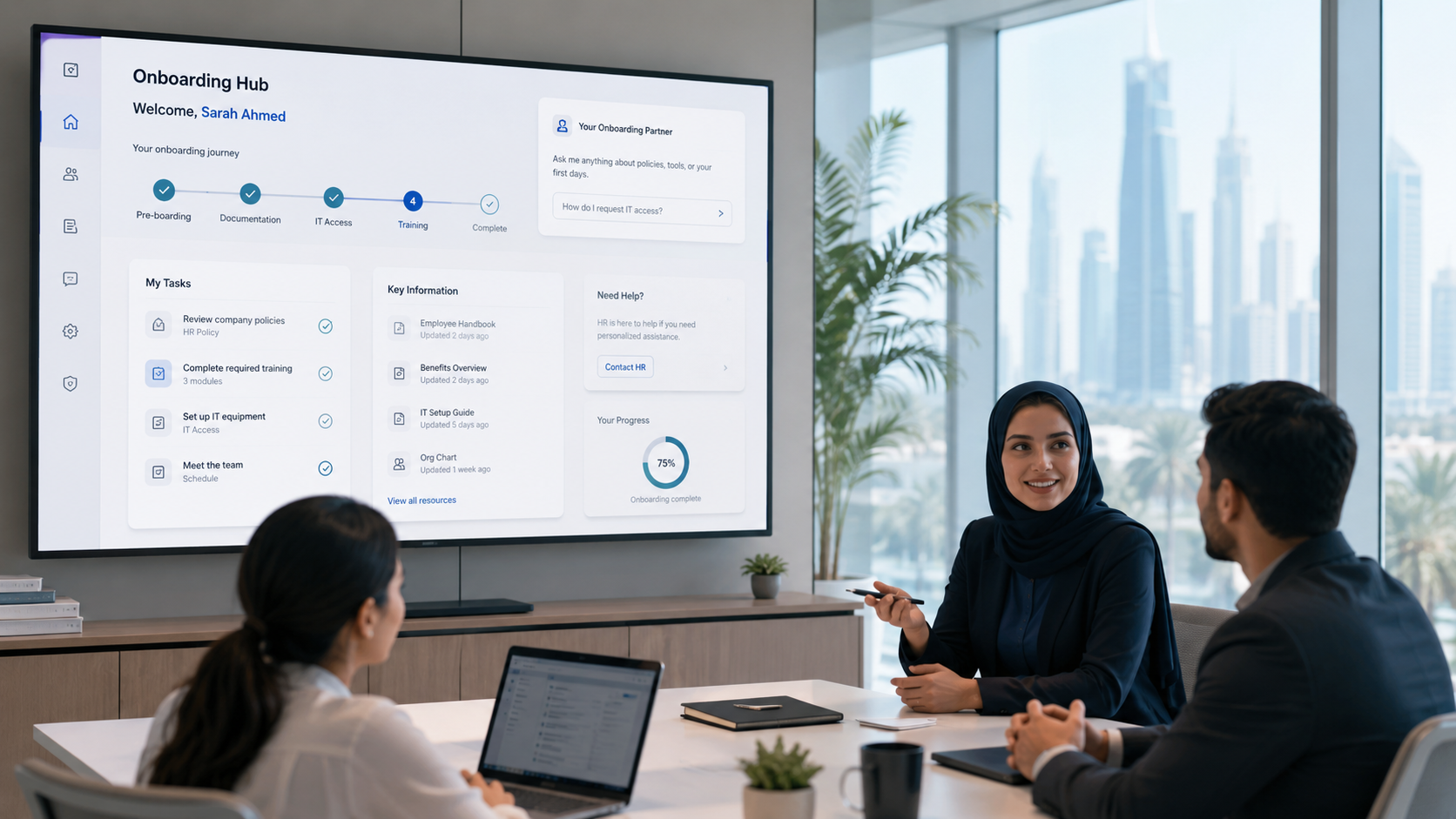 HR and people operations team guiding a new employee through enterprise onboarding