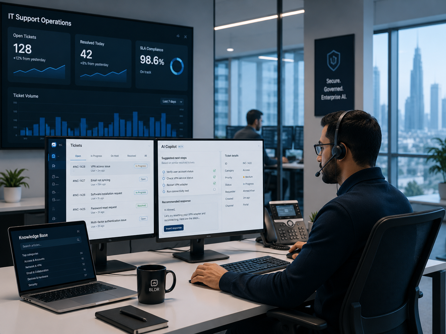 IT support specialists resolving internal tickets with a governed copilot